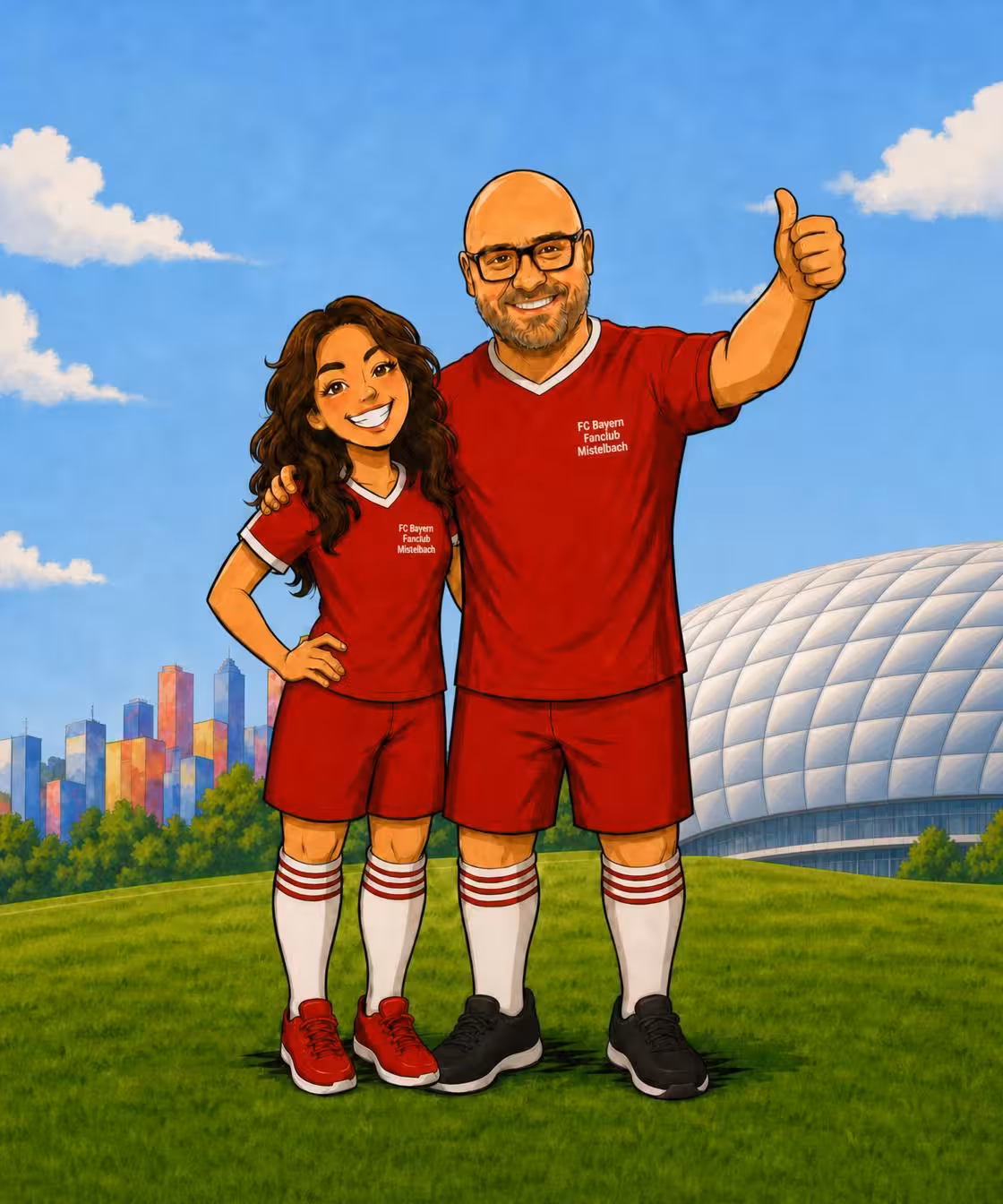 Comic: zwei Mitglieder im Fanclub-Trikot vor dem Stadion – willkommen im Fanclub